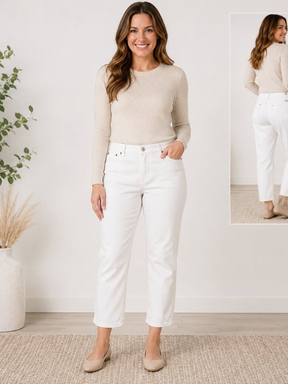 Liz Claiborne White Boyfriend Jeans Stretch Embroidered Pockets Sz 10 Classic